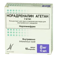 Норадреналин Агетан конц д/р-ра для в/в вв 0,2% 4мл N10