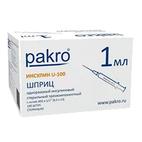 Шприц инсулиновый 1мл 3-х комп PAKRO U-100 стер интегр игл G30х1/2 0,3x13мм N100
