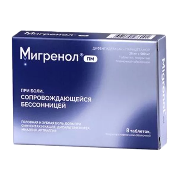 Мигренол ПМ таб п.п.о. 25мг 500мг N8