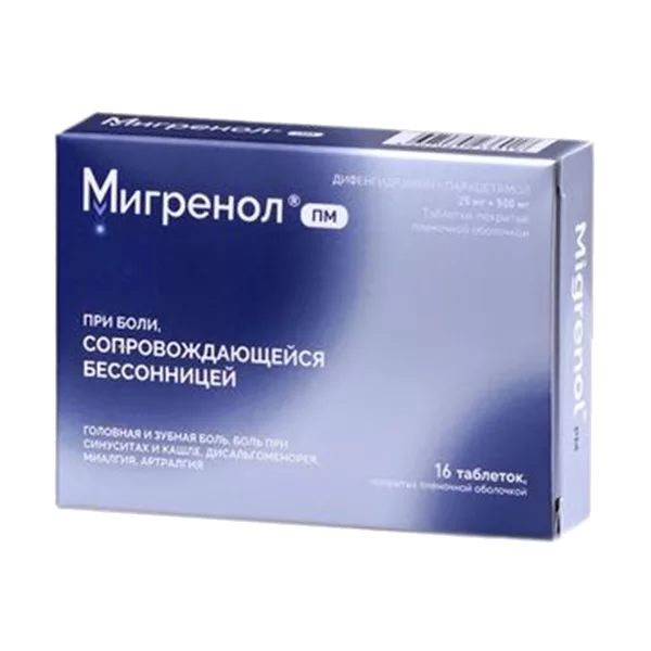 Мигренол ПМ таб п.п.о. 25мг 500мг N16