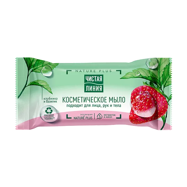 Чистая линия Мыло косметическое Nature Plus Клубника и базилик для лиц, рук и тела 75г